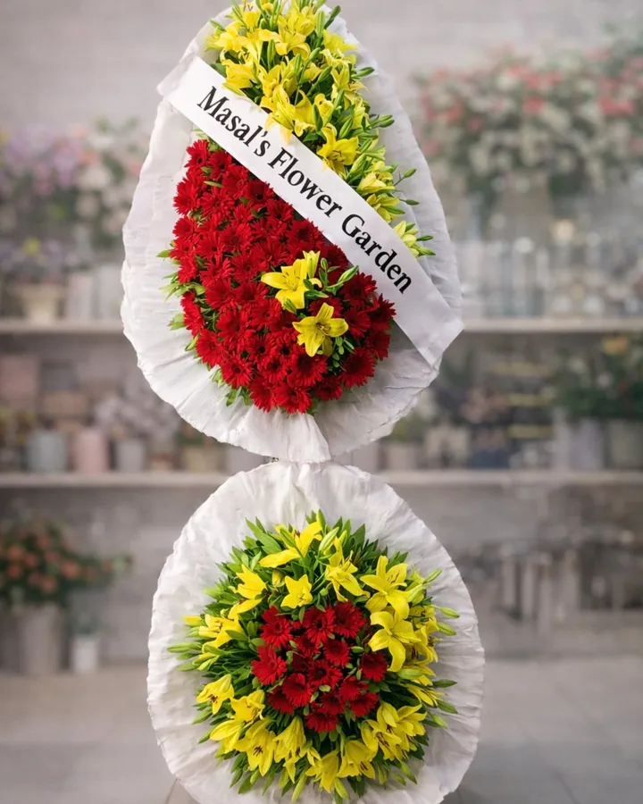Masal Prestij Sarı Kırmızı Çelenk – Masal's Flower Garden