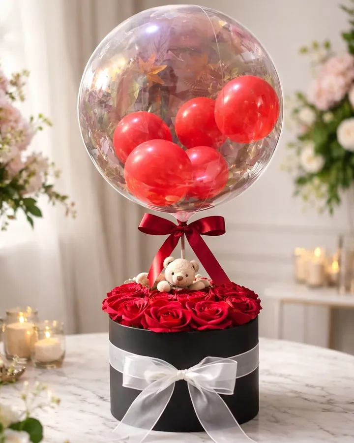 Yapay Kırmızı Güller balon ve ayıcıklar – Masal's Flower Garden