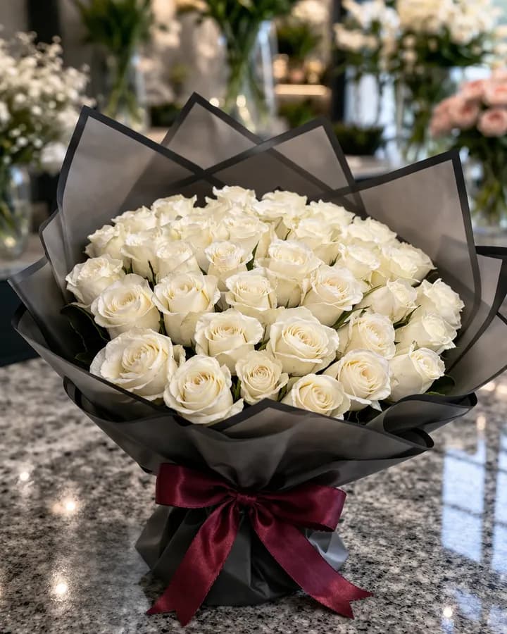 Beyaz Asalet – İthal Gül İsteme Buketi – Masal's Flower Garden
