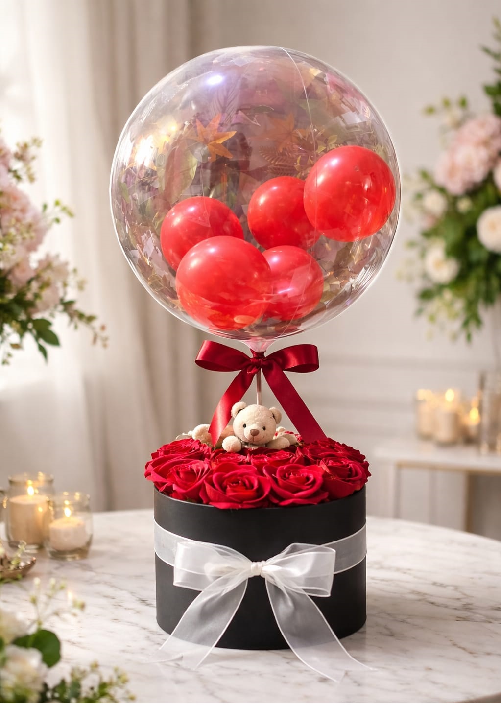 Yapay Kırmızı Güller balon ve ayıcıklar